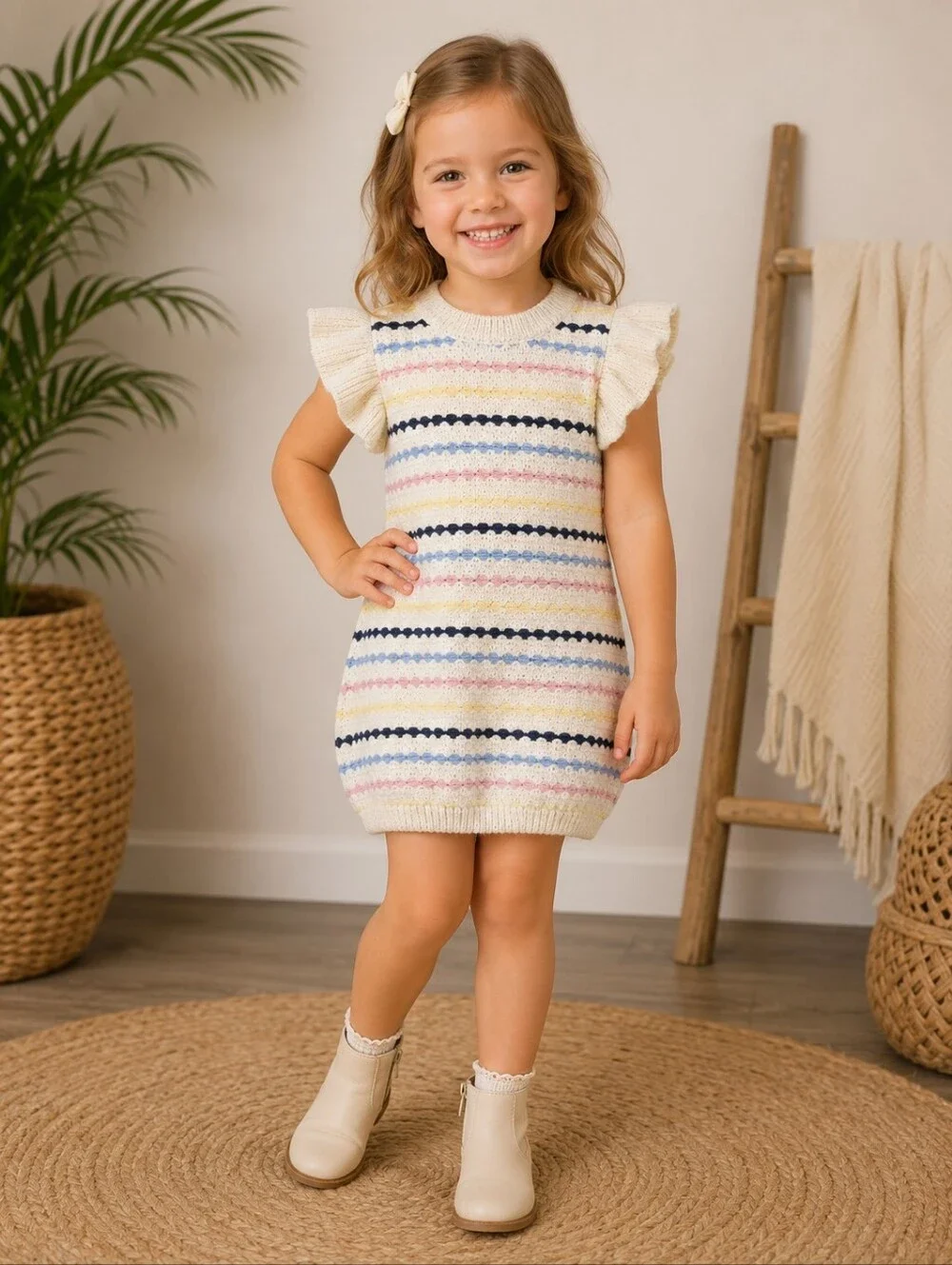 Hanna Andersson Girls Size 4 Pastel Stripe Knit Sweater Dress Ruffle Sleeve